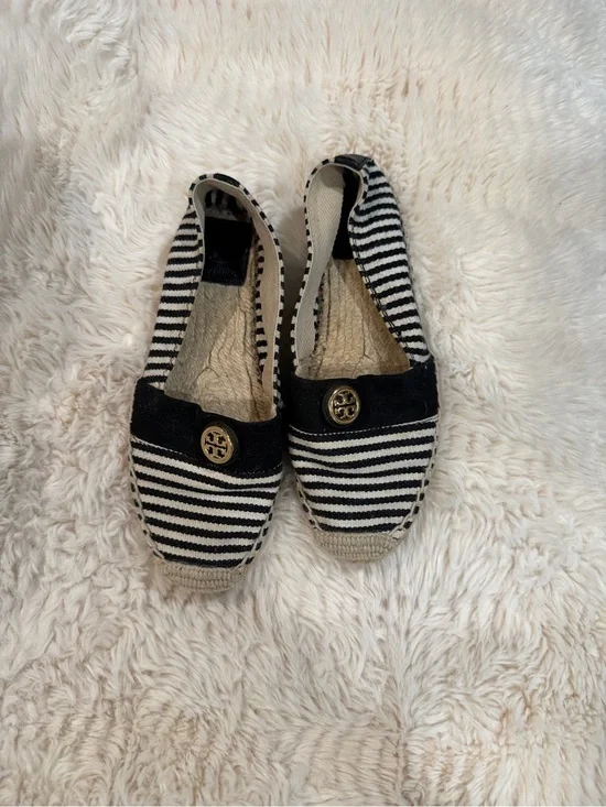 Tory Burch Black & White Striped Espadrille Flats