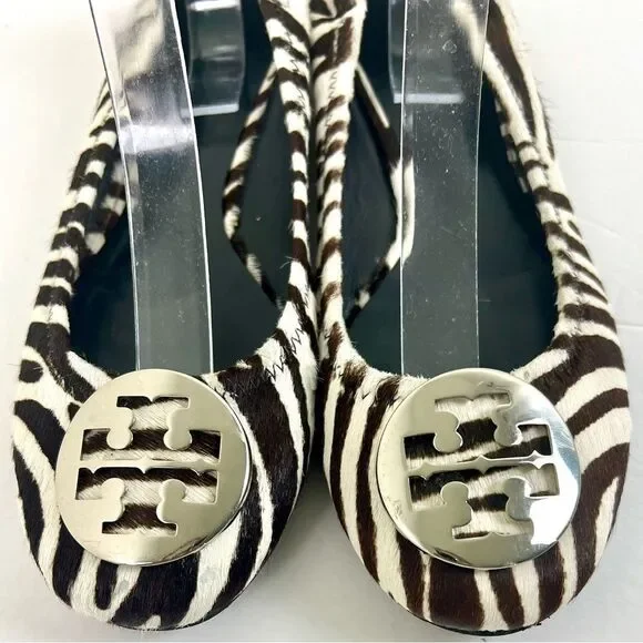 Tory Burch Zebra Print Ballet Flats with Silver Logo