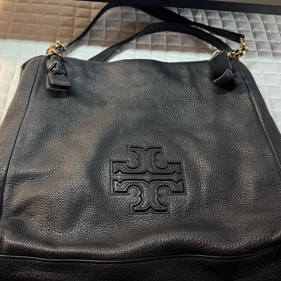 Tory Burch Black Leather Shoulder Bag with Gold Accents