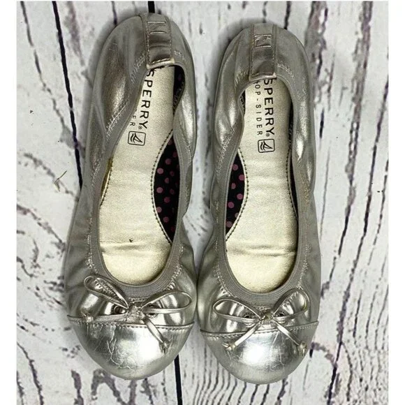 Sperry‎ Topsider Shoes Girls 1 Silver Ballet Flats Bows Leather Slip On