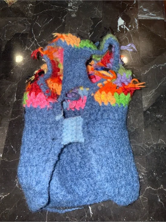 Handmade Blue Wool cat Sweater with Rainbow Trim