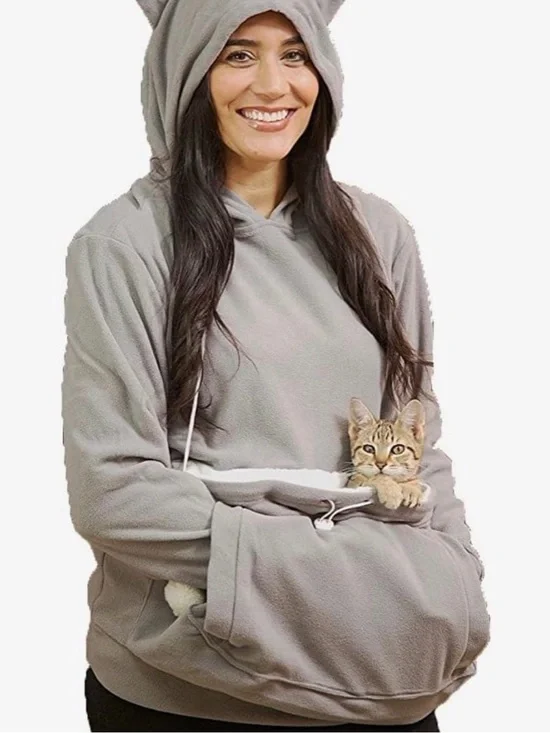 Cozy Gray Cat Pocket Hoodie - Hands-Free Pet Carrier Sweatshirt