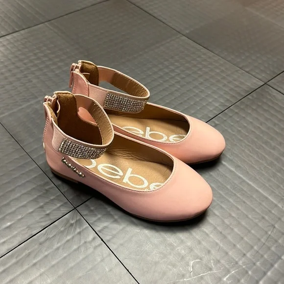 BEBE GIRLS PINK RHINESTONE DRESS SHOES FLATS SIZE 8