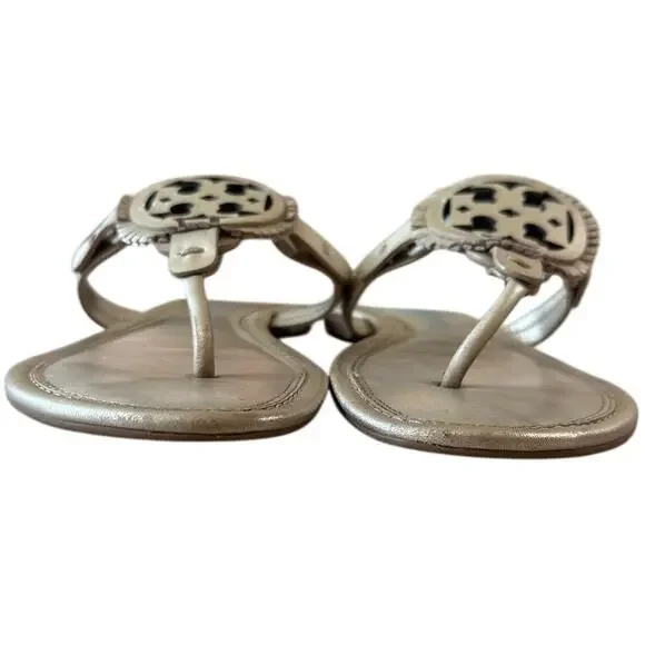 Tory Burch Fringe Miller Thong Sandals Metallic Gold Logo Size 9