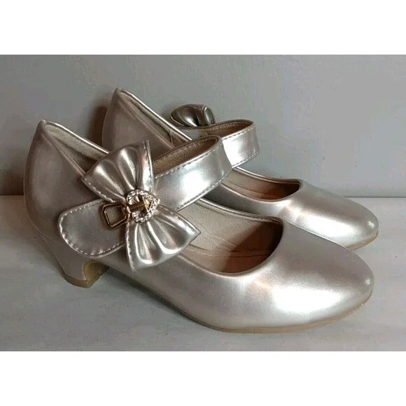 ADAMUMU Girls Low Heel Gold Embellish Buckle Self Fastener Dress Shoes‎ Size 11M