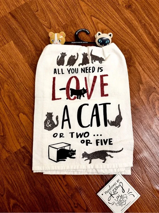 Primitives by Kathy White Cotton Cat Kitchen Towel with Red & Black Print