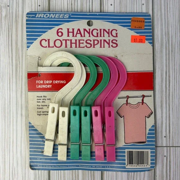 Vintage Hanging Clothespin Hangers Clothes Pin Hooks 6 On Original Display Card