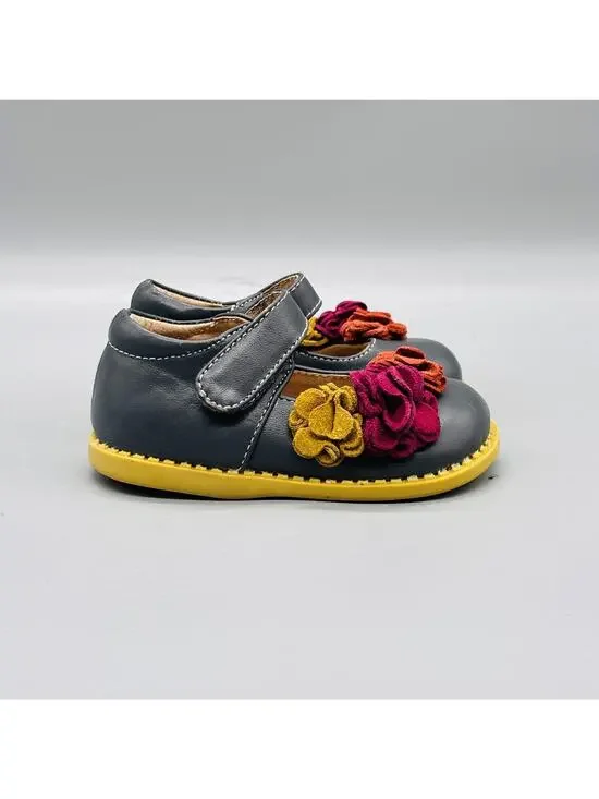 Livie & Luca Shoes Girls 4 Gray Leather Mary Jane Floral Hook & Loop Flats Dress