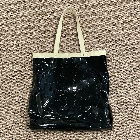 Tory Burch black and white patent leather large shoulder tote bag