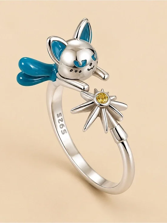 Sterling Silver Cat Wand Ring with Teal Enamel Details