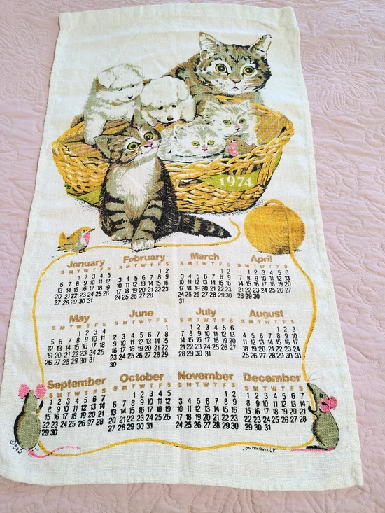 Vintage 1974 Basket of Kittens Calendar Towel 27