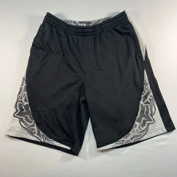 Fox Racing Mens Black White Mesh Athletic Gym Shorts Size Medium Graphic Print
