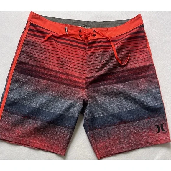 Hurley Men's Board Shorts Striped Red Black Gray Back Pocket Drawstring Size 34