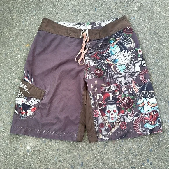 Y2K Billabong Board Shorts Snake/Eagle/Skull Tattoo Print Men's Size 38