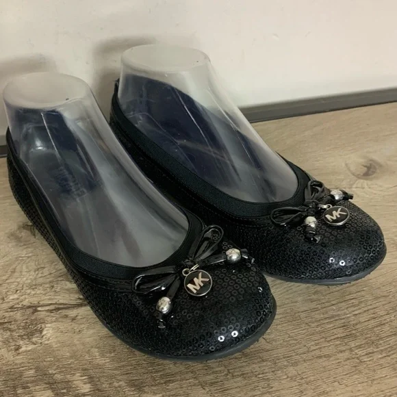 Girls MICHAEL KORS Black SEQUIN Slip On BALLET Bow FLATS Shoes Size 4