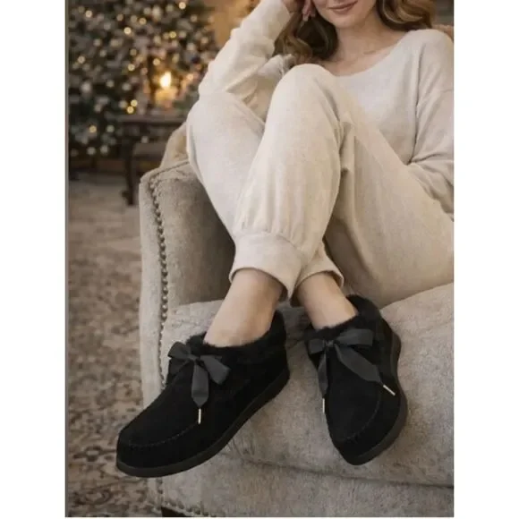 Tory Burch Aberdeen Shearling Suede Slippers Black Size 9