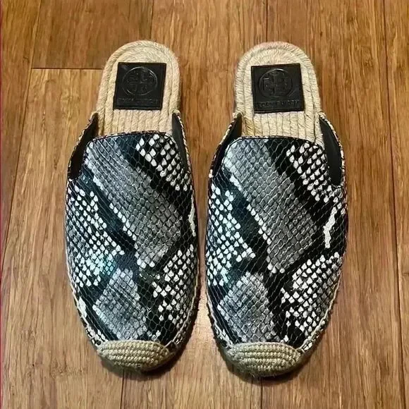Tory Burch Black and White Snake Print Espadrilles