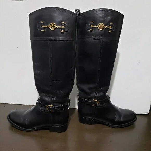 Tory Burch 5207 Nadine Riding Black Leather Boots Gold Logo Sz 6 $495