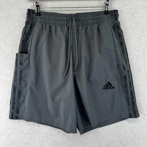 Adidas Mens Grey Stripe Athletic Training Shorts Size Medium Mesh Lined