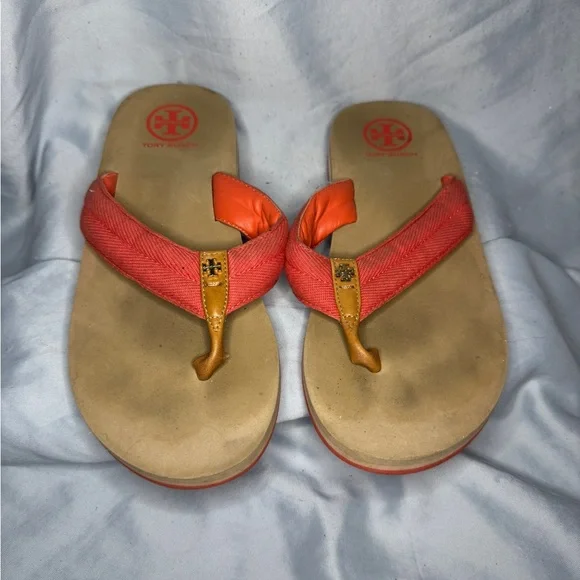 Tory Burch Orange Canvas Flip Flops – Size 8.5