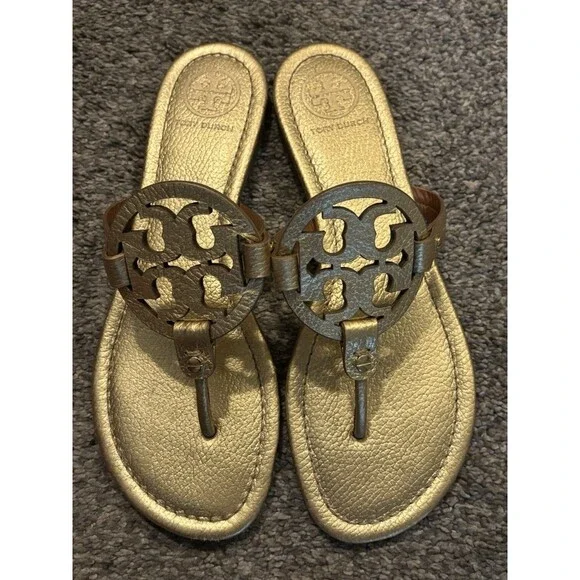 Tory Burch Miller Metallic Gold Pebbled Leather Sandals Size 9.5