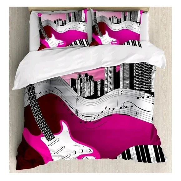 Ambesonne Music Duvet Cover Set,‎ Bass Guitar Keyboard Urban Rock