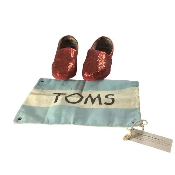 Toms Youth‎ Classic Red Glitter Slip On Shoes Size 5.5 Lightweight Casual Flats