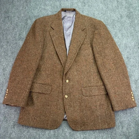 Vintage Lands End Harris Tweed Blazer Mens‎ 43R Herringbone Scottish Wool USA