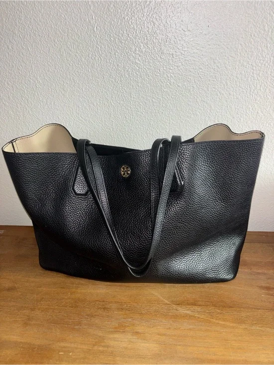 Tory Burch Black Pebbled Leather Reversible Tote with Cream Lining