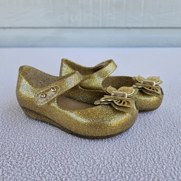 Mini Melissa Ultragirl Butterfly Gold Mary Jane Jelly Flats SZ 6 Hook & Loop