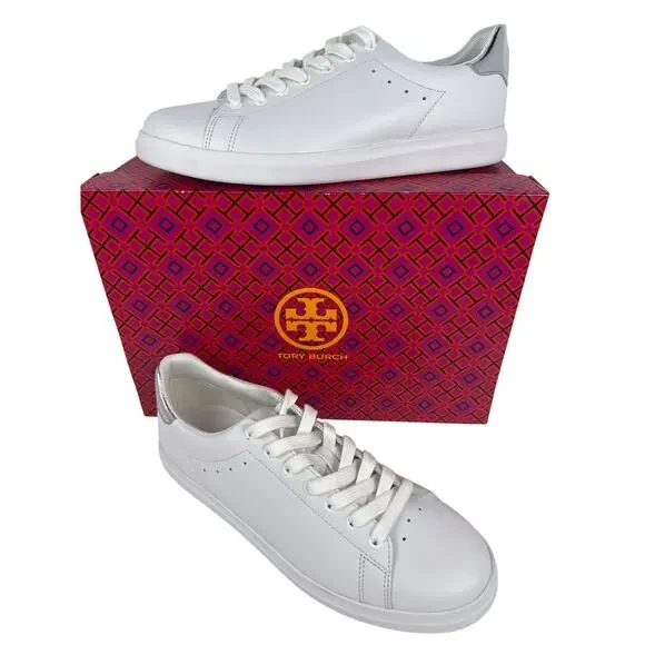 Tory Burch Howell Court Sneaker Women's Size 9 Low Top Leather White/Silver Logo