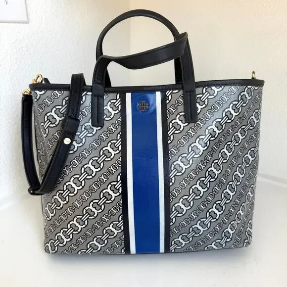 TORY BURCH‎ Gemini Link Canvas Satchel Tote Navy Stripe Crossbody Bag