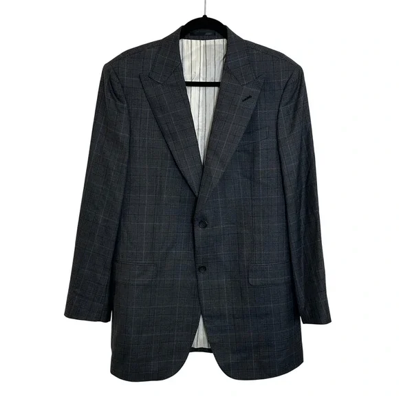 Bespoke Holland & Sherry Merino‎ Wool Blazer Jacket Size 44R Gray Plaid Classic
