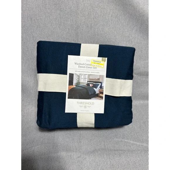 Threshold King Washed Cotton Duvet Cover Set 3pc Navy Blue Solid Soft Bedding