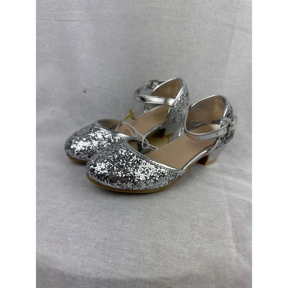Leading‎ Role Kids Silver Glitter Heels Ankle Strap Dress Shoes Size 11/12
