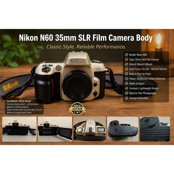 Nikon N60 35mm SLR Film Camera Body Champagne Silver Made in Japan with Strap