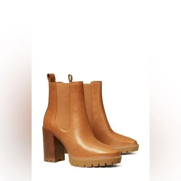 Tory Burch Leather Heeled CARSON LUG SOLE ANKLE BOOTS in Toasted Caramel