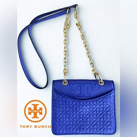 🔥 Tory Burch Fleming Small Quilted Floral Shoulder Bag - Royal Blue/Gold