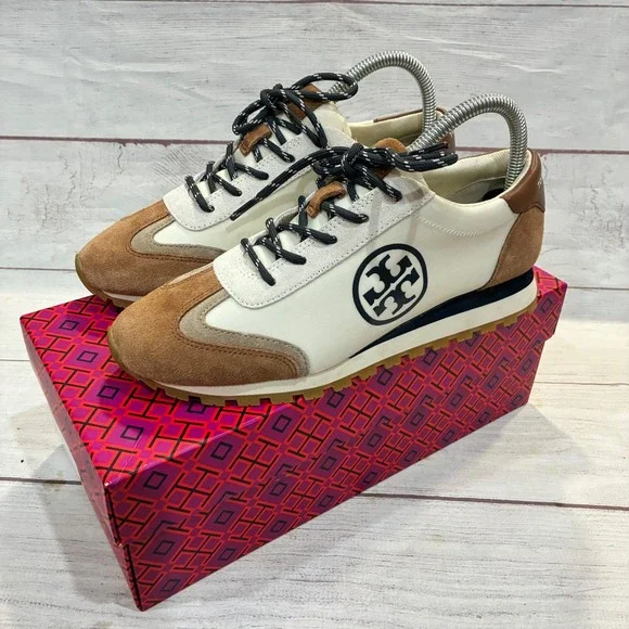 Tory Burch Annie Nylon Runner Sneakers Womens 7.5 Cream Brown Suede Logo