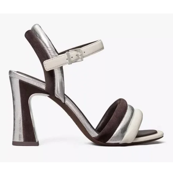 Tory Burch Puffed Up Sandal 100mm Size 9.5 Color Coco/Silver/Ivory Silk & Suede‎