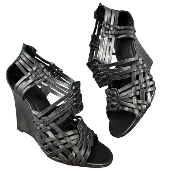 Tory Burch Black Leather Woven Cage Wedge Sandals Womens 9.5M Made in Brazil
