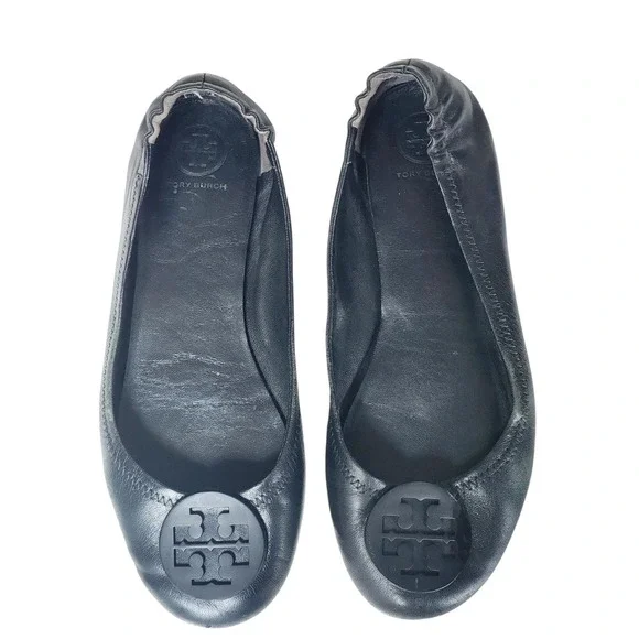 Tory Burch Minnie Travel Ballet Flats Black Leather Logo Medallion Shoes 8.5