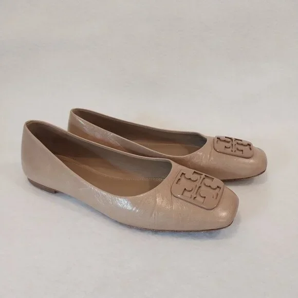 Tory Burch Flat Shoes Size 6 Beige Leather Logo Ballerina Slip On Nude.