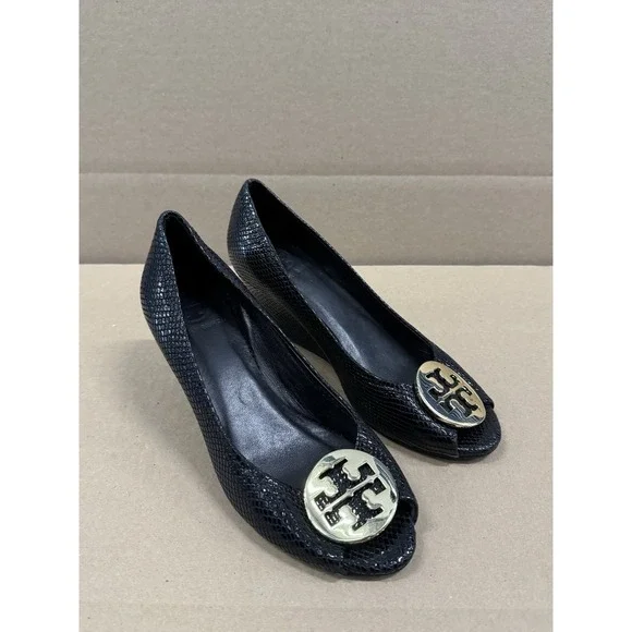 Tory Burch‎ Size 6M Black Textured Snake Leather Wedge Shoes Pumps