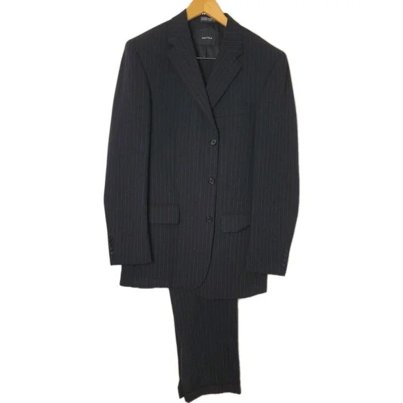 Nautica 2 Piece Suit 42L Navy Pinstripe‎ Jacket Pant 33x33 Pleated Cuff Wool