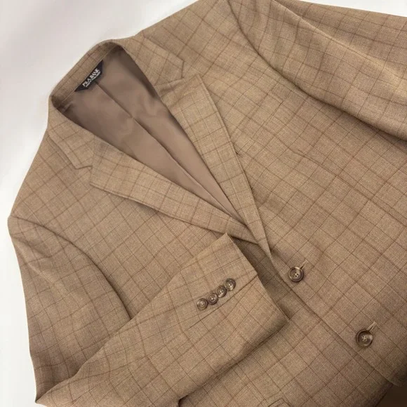 Jos A Bank 43R Traveler's Collection Brown Tailored Fit‎ Windowpane Plaid Blazer