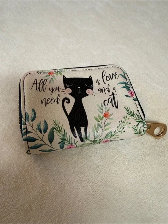 Cat Design Zipper Wallet - Beige with Black Cat