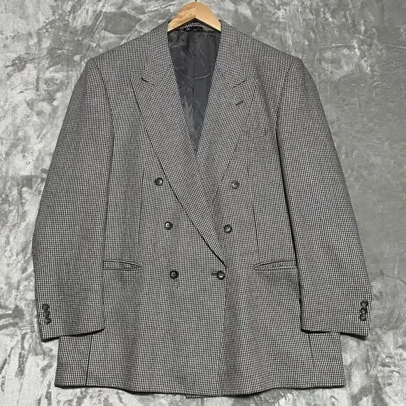 Vintage Vito Rufolo Houndstooth Blazer Mens 46L Grey Lanificio Di Pray Wool Silk