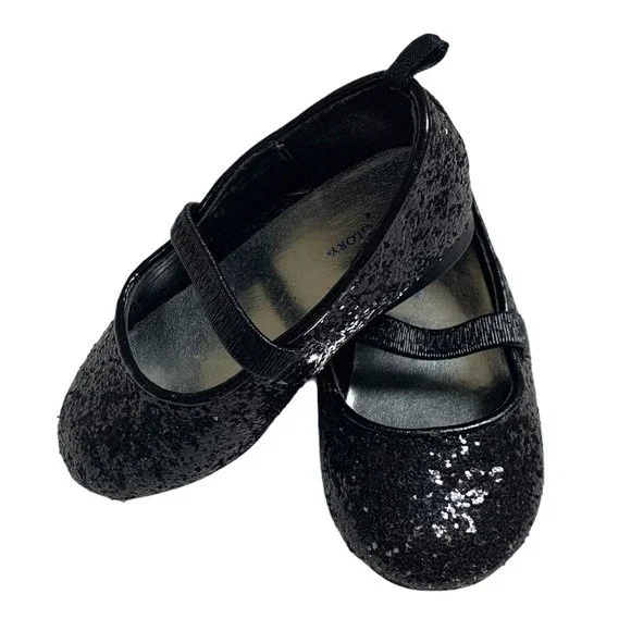 Black Glitter slip on Toddler Baby shoes ballet flats Strap Holiday Christmas