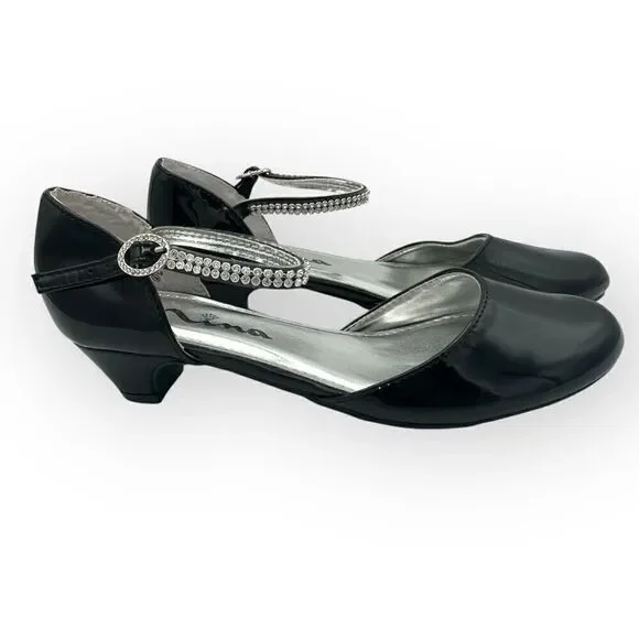 Nina Girls Cera Patent Leather Rhinestone Strap D'Orsay Heels Shoes Black Sz 3M